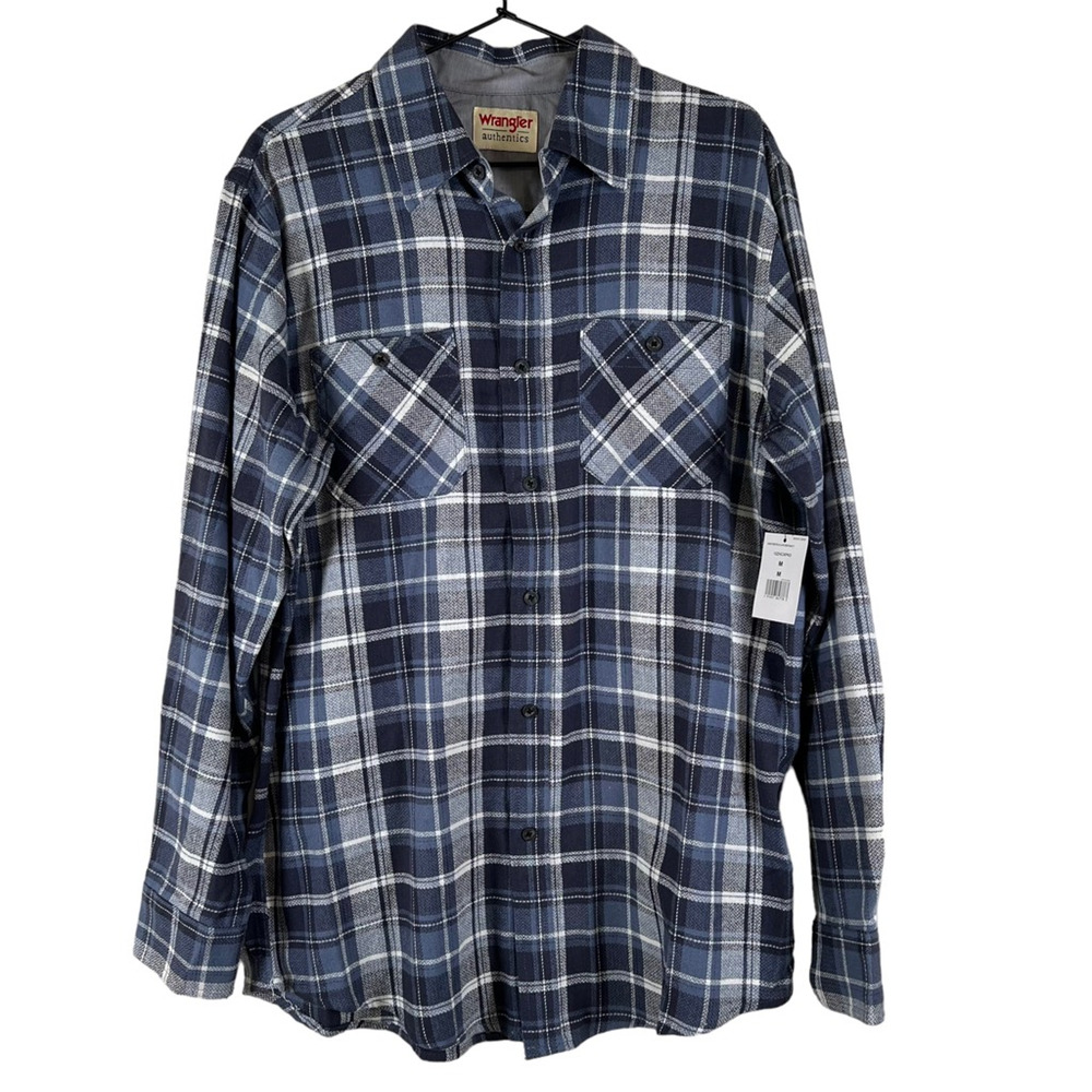 Wrangler Mens Button-Up Shirt Blue Plaid Long Sleeve Flannel Pockets M New
